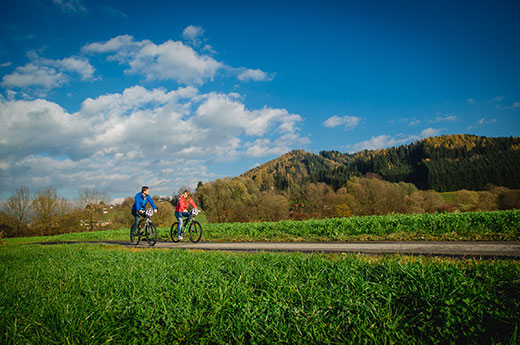 Zwei Radfahrer fahren im Herbst entlang des Mürztal-Radweges