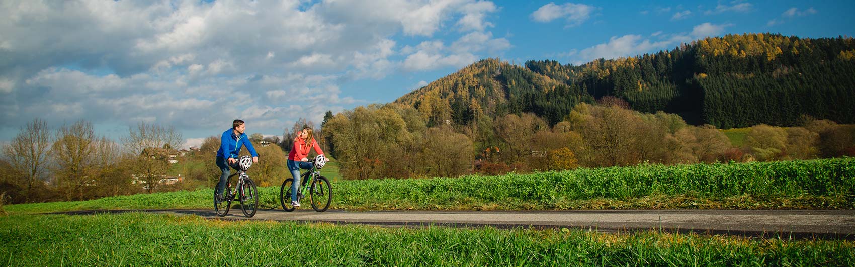 Zwei Radfahrer fahren auf den Mürztalradweg - links und rechts grüne Wiese und dahinter die Mürztaler Berge.